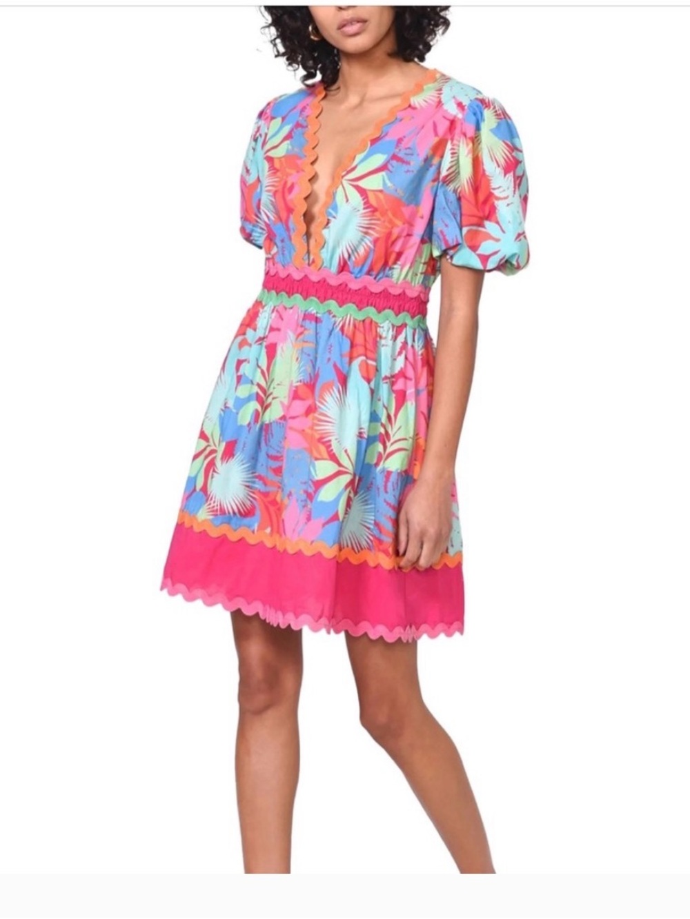 Greylin tropical puff sleeve dress small